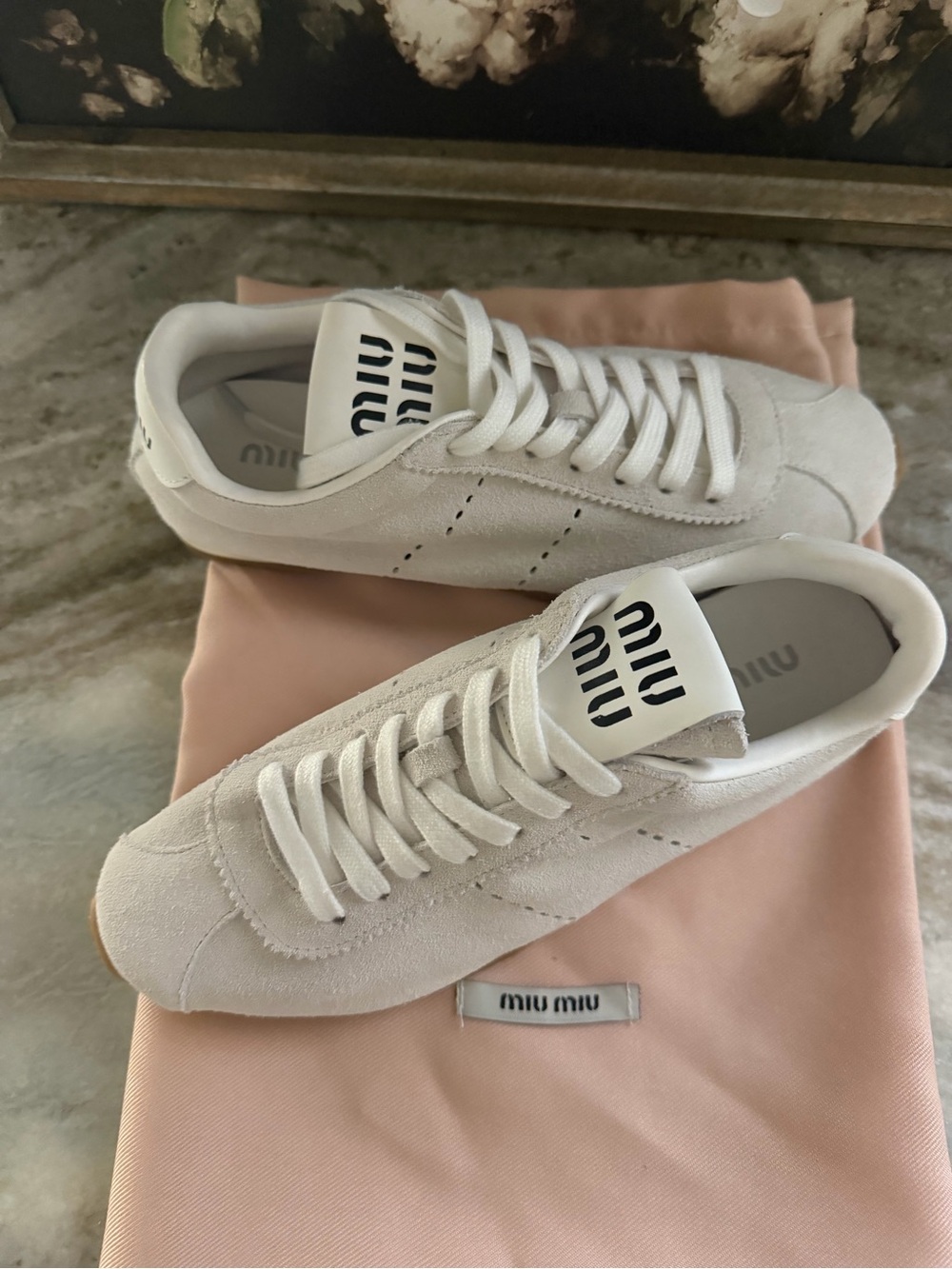 Miu Miu Cream Suede Low-Top Sneakers